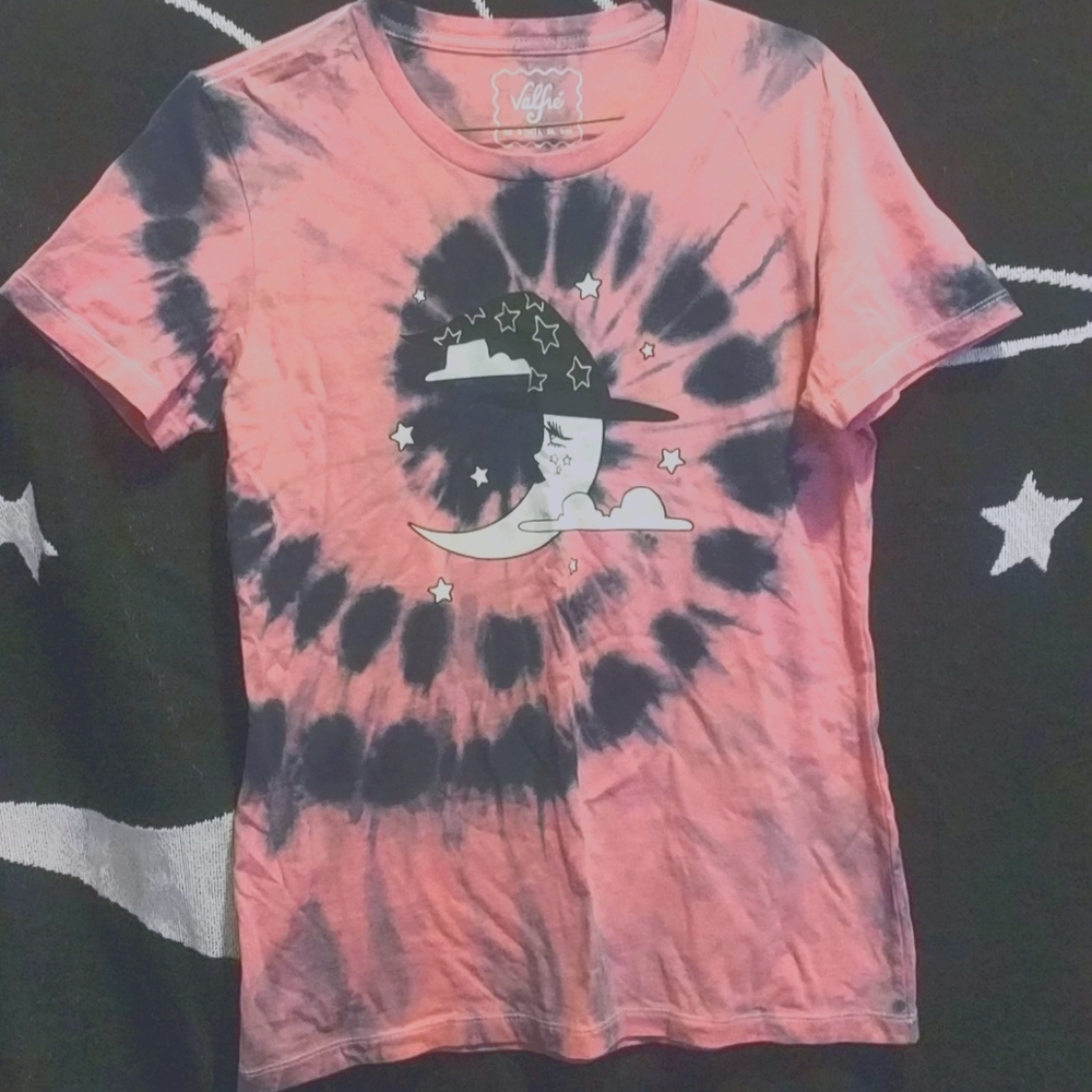 Blue and pink tie dye, moon print t-shirt